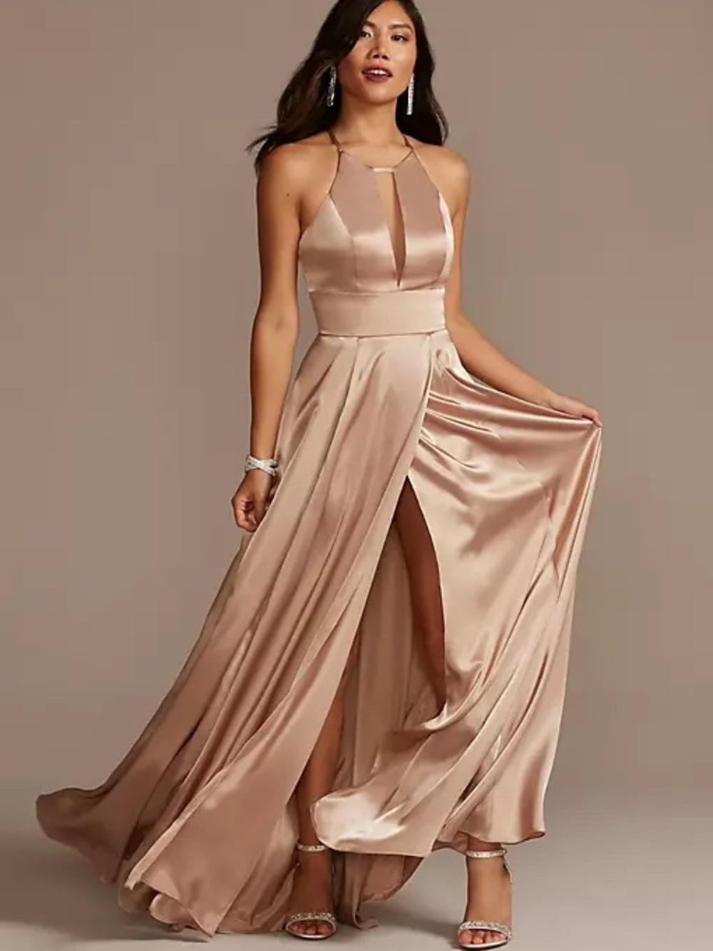 David’s Bridal Satin Charmeuse Bridesmaid Dress Size 8 Champagne Slit Backless